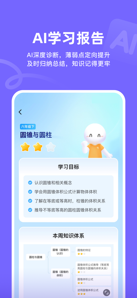 海豚AI学 - Interfaz de la aplicación de aprendizaje Holphin AI que muestra un informe de estudio IA detallado y un mapa de conocimiento para una lección de matemáticas de 6º grado