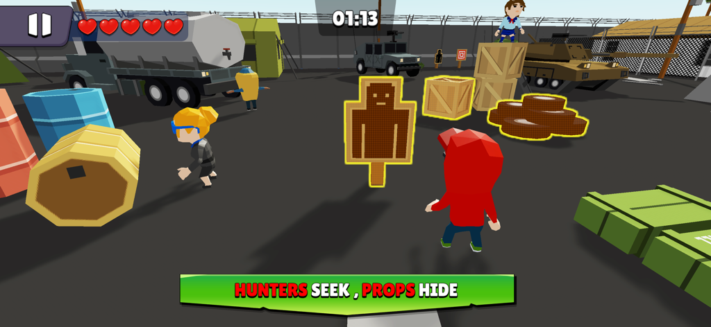 Gameplay of Hunters vs Props Online showing characters in a hide and seek match with various props