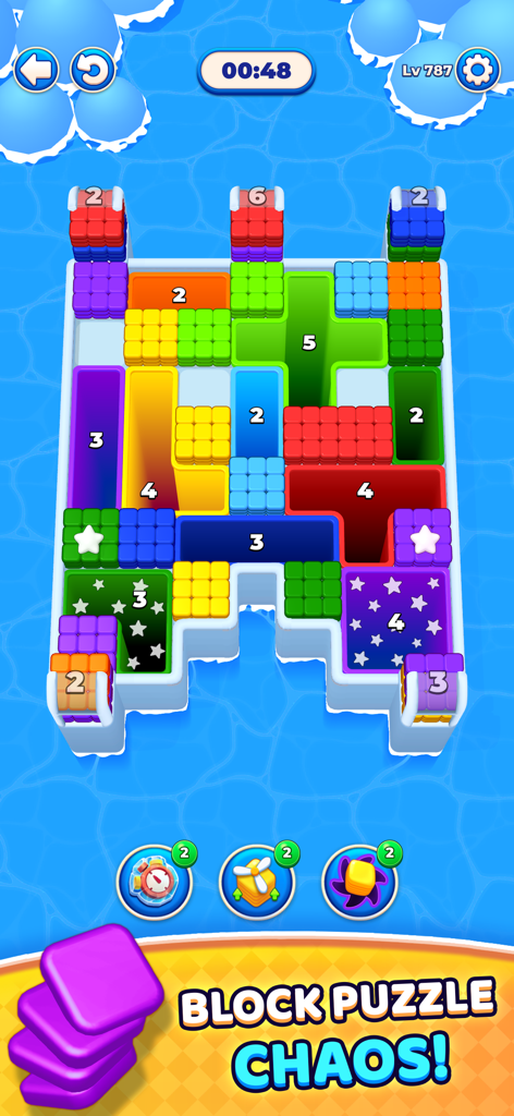 Hole Drop Puzzle - Gameplay screenshot of Hole Drop Puzzle showing colorful numbered blocks and holes on a water themed background