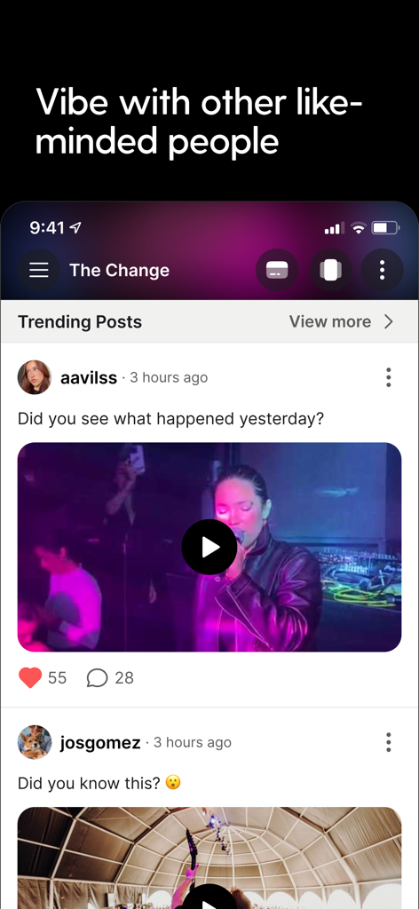 sesh: Fan Communities - Interfaz de la app sesh mostrando un feed de publicaciones de tendencia con contenido de video e interacciones de usuarios en una comunidad de fans.