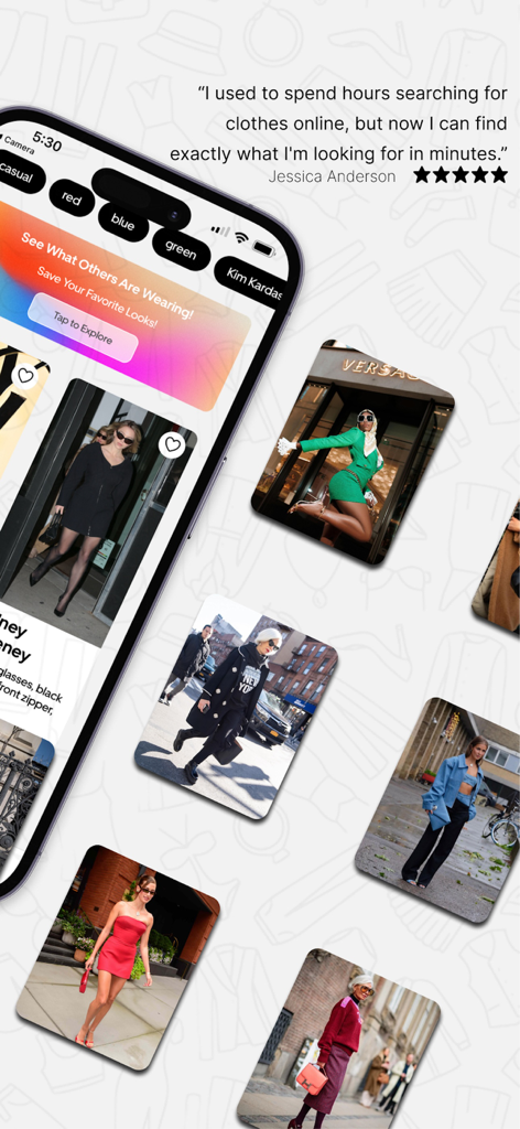 Mobile Ansicht der Outfit Check App mit Mode-Outfit-Karten und Nutzerbewertung