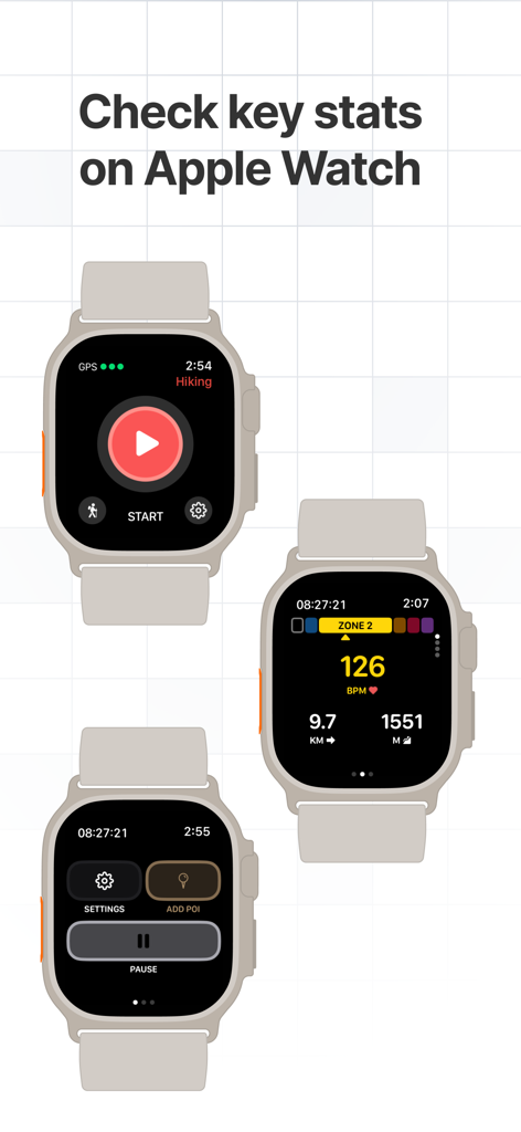 Hikingbook: Hike, Bike & Run - Hikingbook app screens on Apple Watch showing hike stats heart rate and navigation controls
