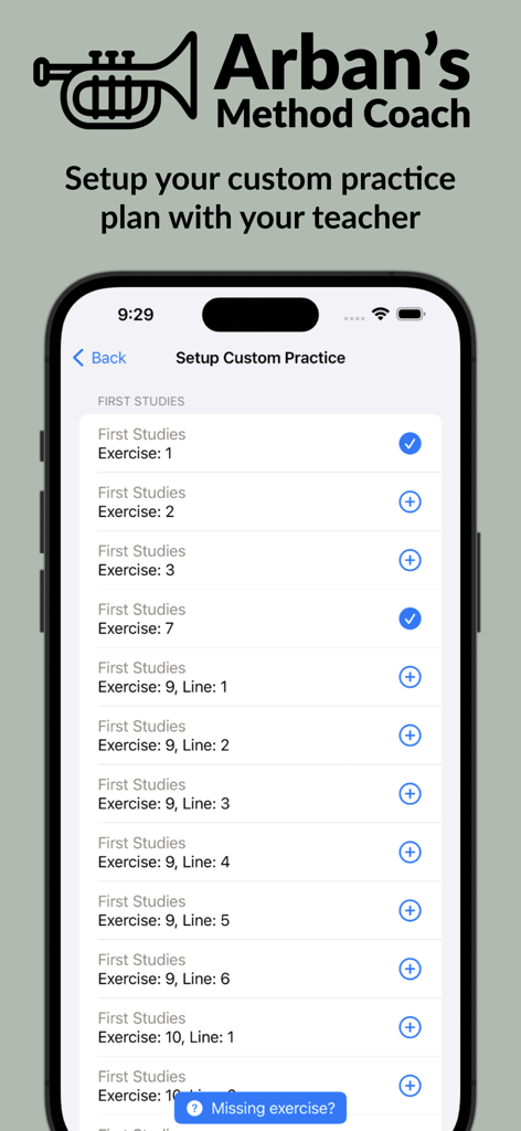 Arban's - A list of musical exercises in the Arban's Method Coach app for setting up a custom practice plan.