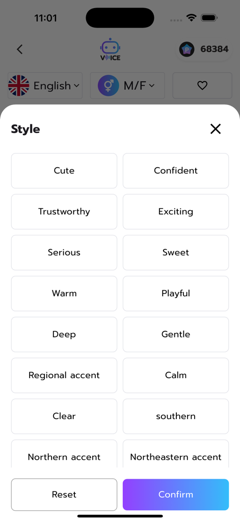 Botnoi Voice - Text to Speech - Botnoi Voice app menu showing various AI voice styles like confident, trustworthy, and regional accents