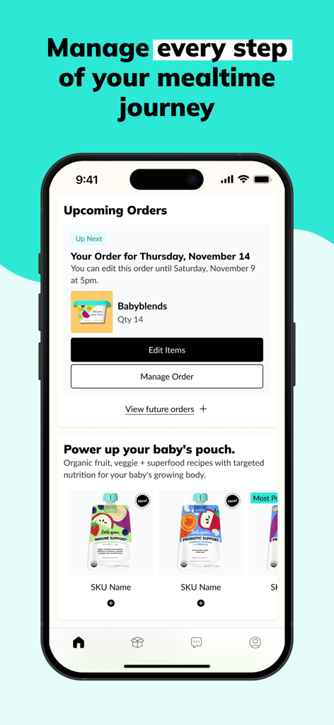 Little Spoon app screen showing upcoming food delivery orders and a selection of baby food pouches.