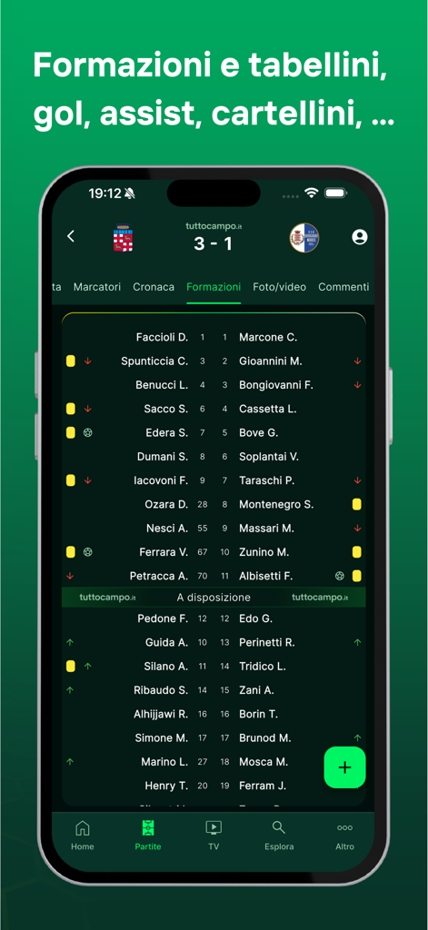 A screenshot of the Tuttocampo app displaying soccer match lineups, substitutes, and scores