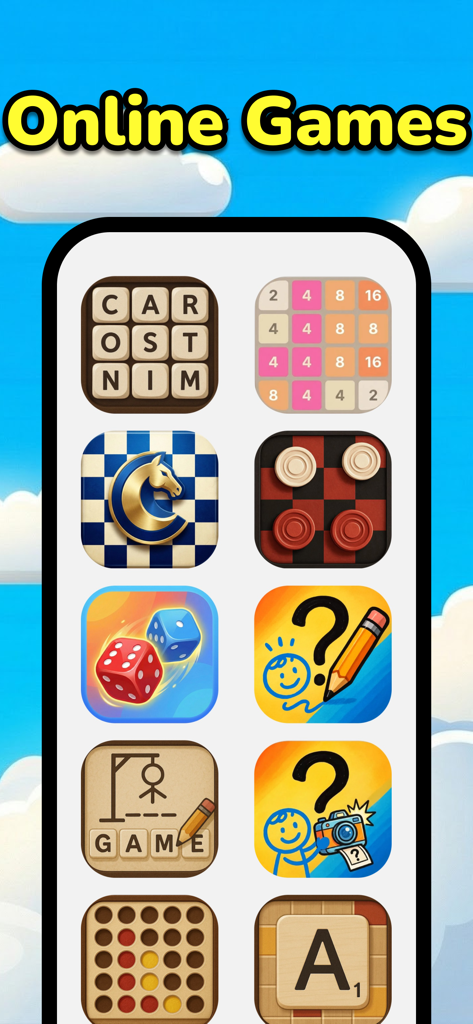 Multiplayer Board Games - Una pantalla de smartphone mostrando una selección de juegos de mesa en línea que incluyen ajedrez, damas y fichas de palabras.