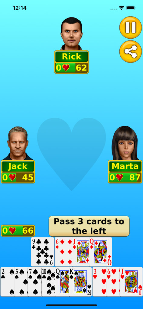 Uma tela do jogo de cartas Copas mostrando a instrução para passar três cartas para a esquerda com oponentes de computador Rick, Jack e Marta