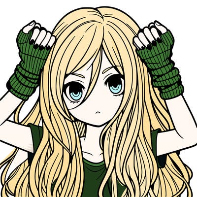 long haired girl with fingerless gloves
