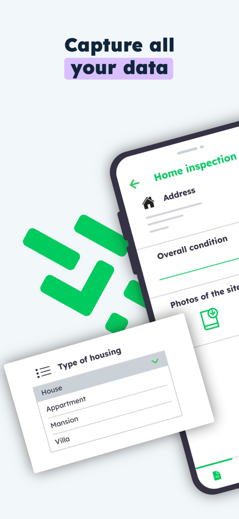 Kizeo Forms, Mobile forms - Aplicación móvil Kizeo Forms que muestra un formulario digital de inspección de viviendas