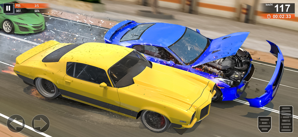A yellow muscle car colliding with a blue sports car in a high-speed 3D racing simulator game.