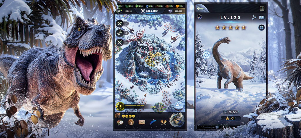 Beast Lord: The New Land - Gameplay-Screenshots von Beast Lord The New Land, die einen T-Rex und eine Basis in einer verschneiten Waldumgebung zeigen.