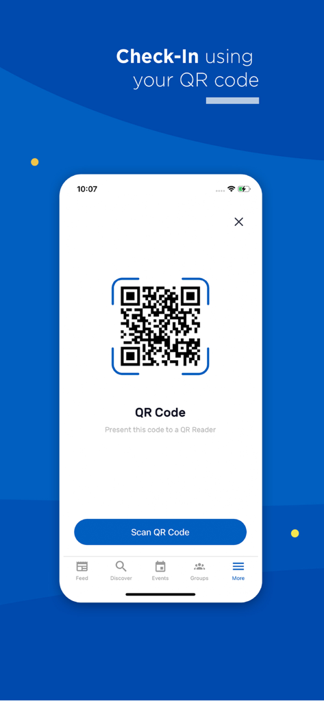 CampusGroups - CampusGroupsモバイルアプリ画面。学生イベントのチェックインおよび出席追跡用のQRコードが表示されます。