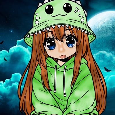 girl with anime shaped eyes with a dinosaur bucket hat oversized sweatshirt long straight hair