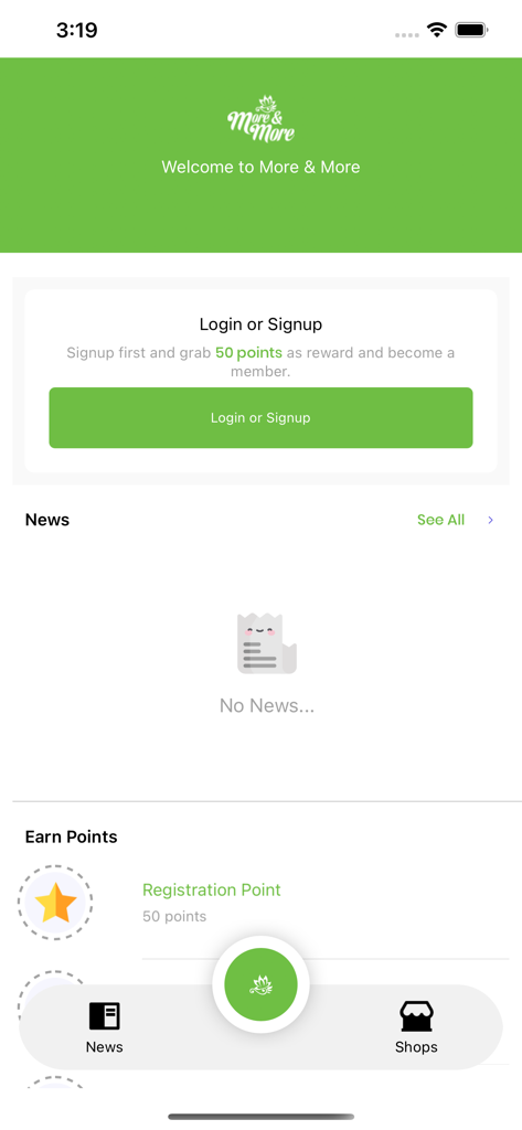 The More and More Member app interface displaying login options and registration points rewards
