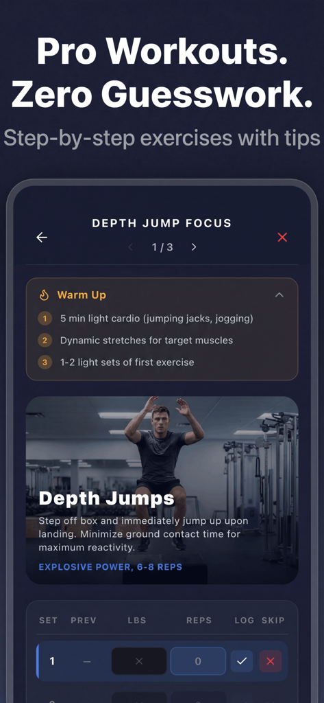 DunkMax: Vertical Jump Trainer - Tela de exercício de salto em profundidade no aplicativo DunkMax com dicas de treinamento passo a passo e registro de treino.