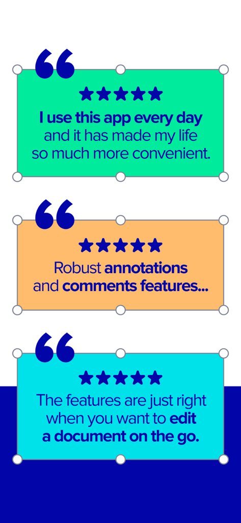 Positive user reviews and five star ratings for Xodo PDF Reader and Editor mobile app