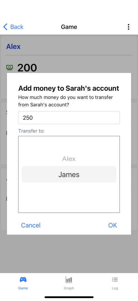 Game Money - A mobile app interface for transferring 250 units of virtual board game currency from one player to another.