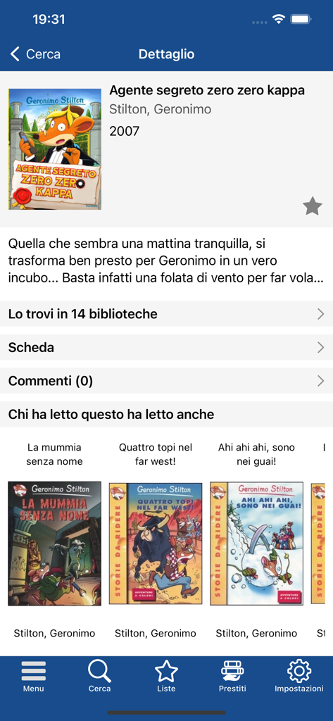 A screen from the bi.G.met. app showing details for a children's book including library availability and reading recommendations