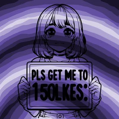 realistic girl holding up a sign that says “pls get me to 15 likes!”