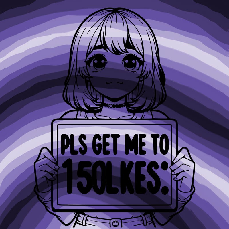 realistic girl holding up a sign that says “pls get me to 15 likes!”