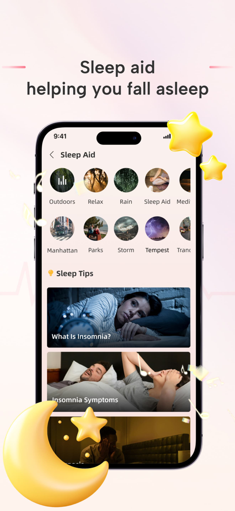 Health Mate Pro - Heart Rate - Pantalla de ayuda para dormir de la aplicación Health Mate Pro que muestra sonidos relajantes y consejos para el insomnio
