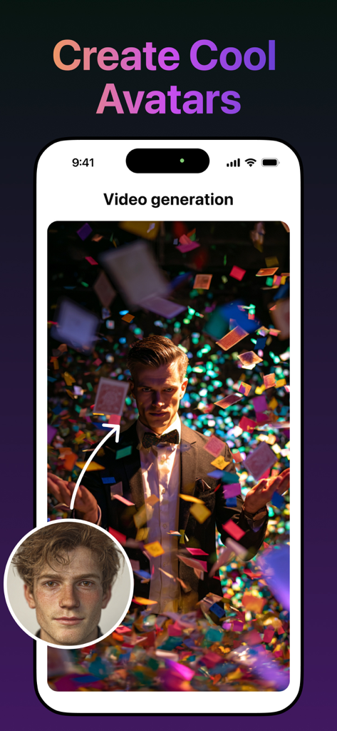 Una captura de pantalla que muestra la interfaz de la aplicación Pixverse transformando una foto de retrato en un avatar cinemático generado por IA con confeti cayendo