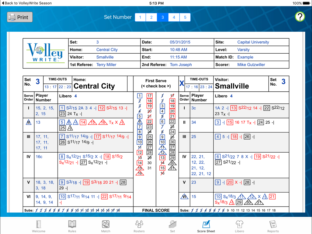 VolleyWrite - Electronic volleyball scoresheet interface on VolleyWrite iPad app displaying match details and scoring notations
