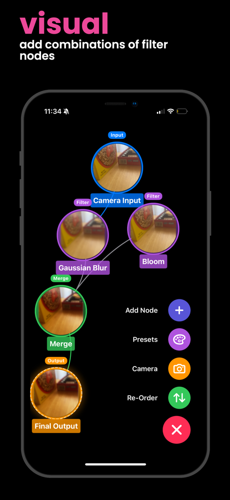 Interface do aplicativo Filter Flow mostrando um sistema baseado em nós para conectar filtros de vídeo como blur e bloom