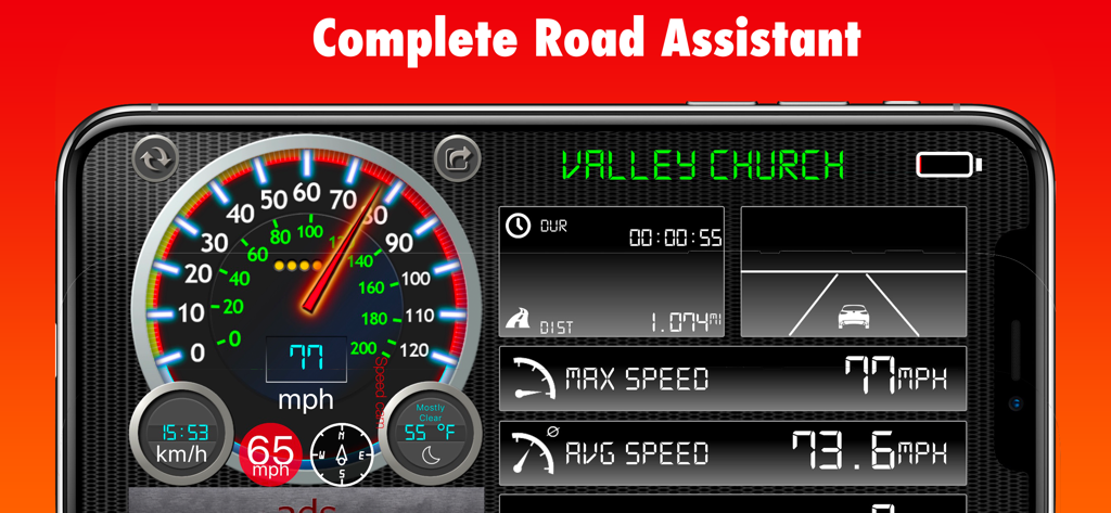 Digital dashboard of Speedmeter Plus app showing real-time speed, average speed, and speed limit alerts
