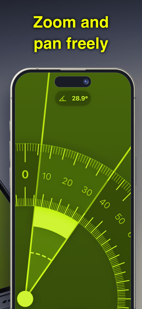 Protractor - Angle Measure - Smartphone screen showing the digital protractor app with zoom and pan functionality to measure precise angles