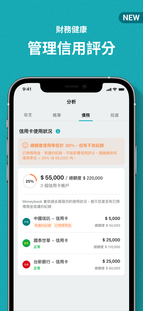 Moneybook app screenshot displaying credit card utilization and debt analysis for financial health management