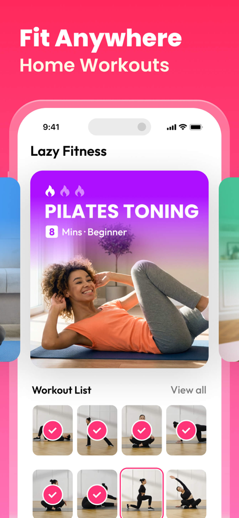 Mobile app interface for Workout for Women showing a beginner Pilates toning routine and workout list