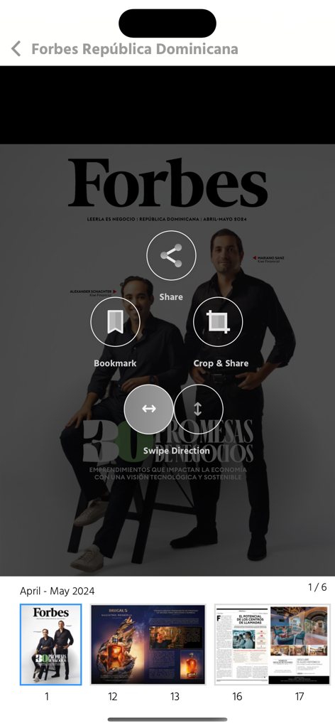 Interfaz del lector digital de la aplicación Forbes República Dominicana mostrando la portada de la revista y herramientas de lectura interactivas