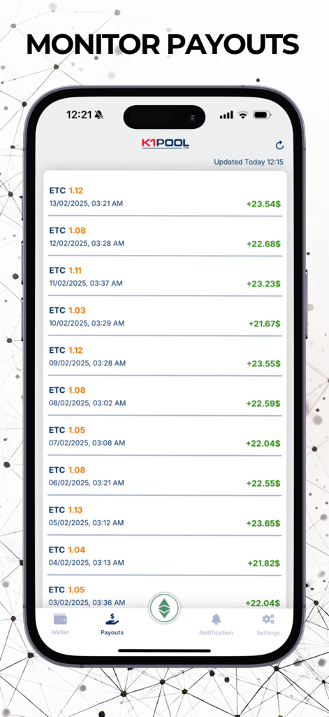 K1Pool: Crypto Mining Pool - Mobile app screen of K1Pool showing a detailed list of daily Ethereum Classic mining payouts and transaction history
