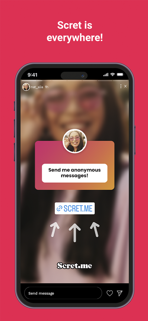 iPhone screen showing a Scret.me anonymous message link shared on an Instagram Story