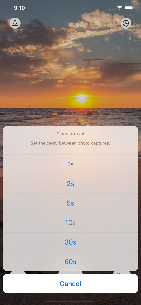 Timesnap - Timesnap app interface showing time interval selection for photo capture over a sunset background
