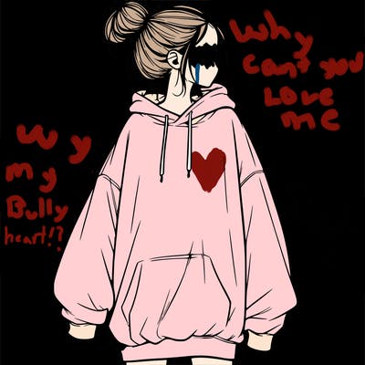 realistic girl with a oversized sweatshirt on and a bun