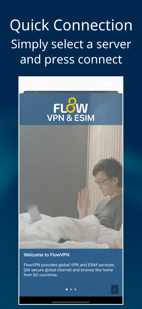 Flow VPN: Fast Secure VPN - Écran d'accueil de l'application Flow VPN montrant les fonctionnalités de connexion rapide pour les services VPN et eSIM