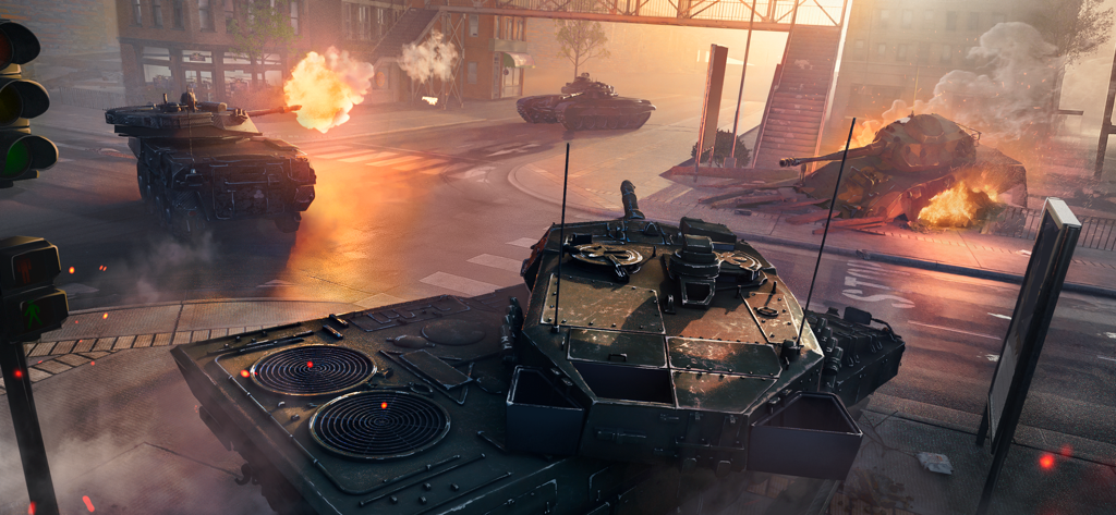 Tanques modernos enfrascados en una batalla urbana con explosiones y gráficos 3D realistas.