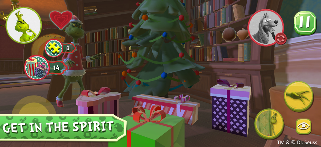 The Grinch - The Grinch character standing near a Christmas tree and wrapped presents in a colorful 3D mobile game environment