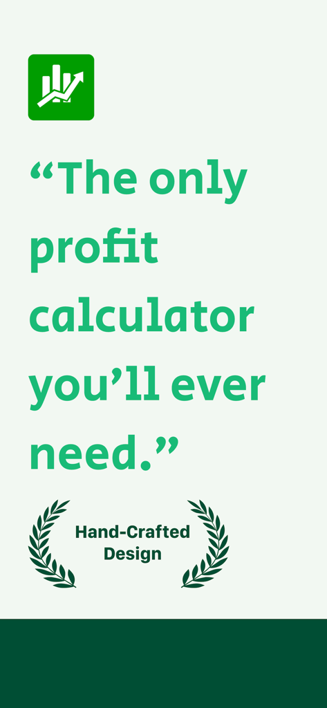 Easy Stock Profit Calculator - Promotional screen for Easy Stock Profit Calculator featuring a testimonial quote and a Hand Crafted Design badge