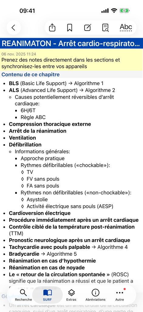 Medical app interface showing cardio-respiratory resuscitation protocols and life support algorithms.