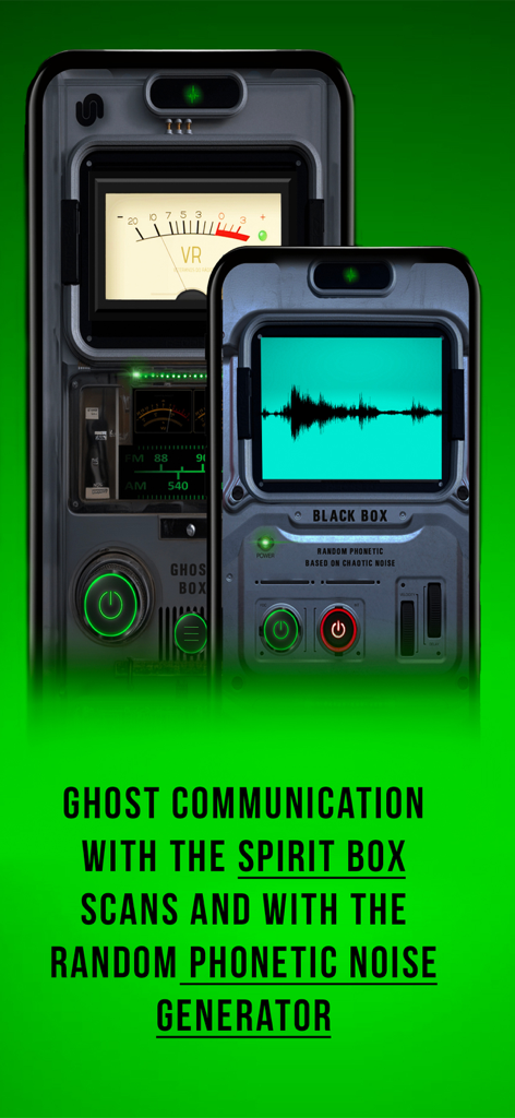 Ghost Finder Tools - Ghost Finder Tools app interface showing the Spirit Box and Black Box ghost communication features.