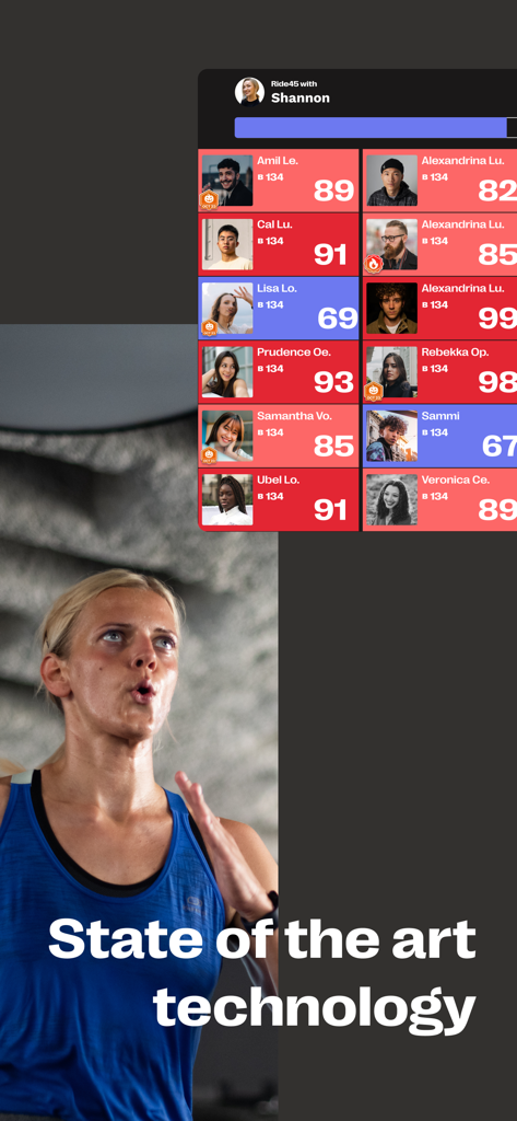 Live heart rate tracking leaderboard and woman during a HIIT workout in the BEAT81 app