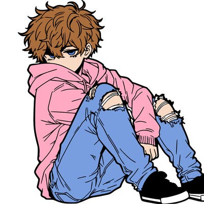 a male hoddie ripped jeans messy hair anime
