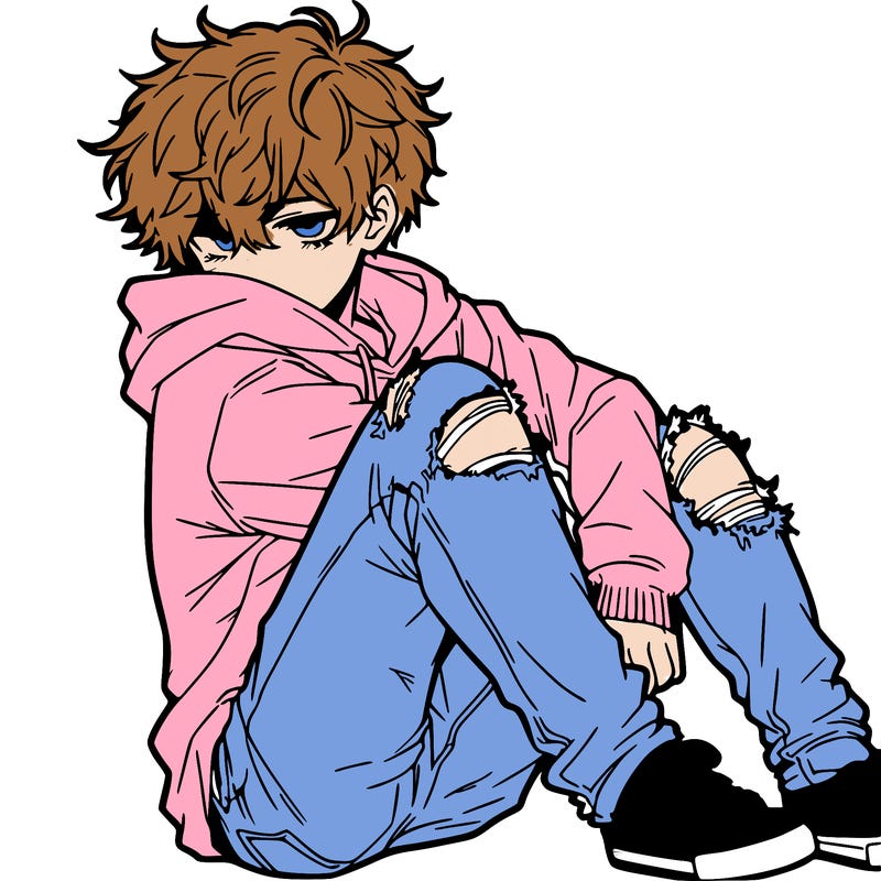 a male hoddie ripped jeans messy hair anime