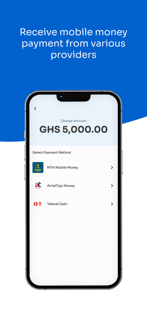 Bank POS - Smartphone screen showing a payment amount of 5000 GHS and various mobile money options like MTN, AirtelTigo, and Telecel Cash
