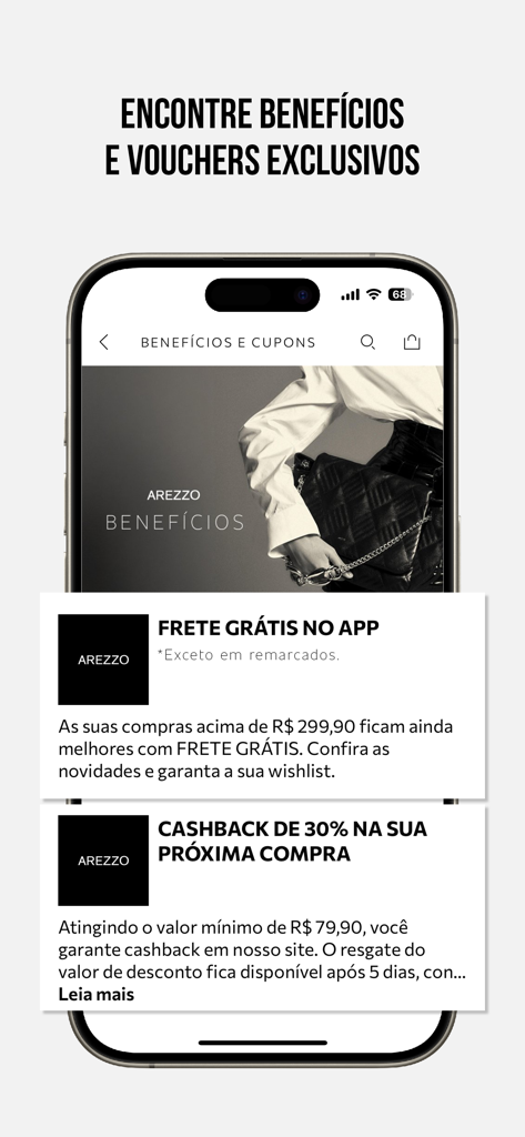 AREZZO - Arezzo mobile app interface showing exclusive store benefits including free shipping and cashback offers