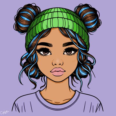 realistic girl with buns in her hair with a beanie on